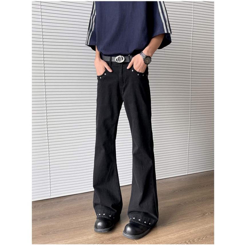 Filmas - Mid Rise Washed Frayed Studded Flared Jeans