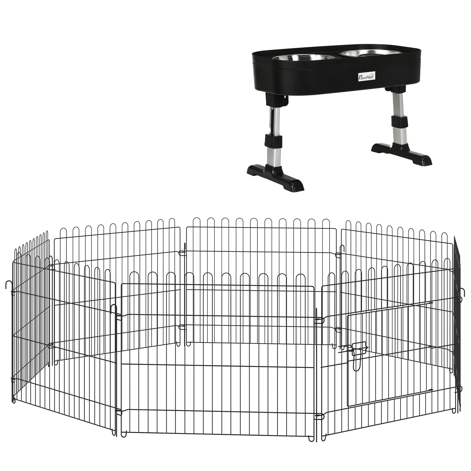 Conjunto de brinquedos para animais de estimação PawHut, cercado dobrável para cães com 8 painéis e comedouro elevado com 4 alturas ajustáveis, 71x61 cm, 43x25x30 cm, preto