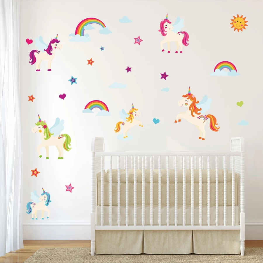 Nikima Wandtattoo 018 Wandtattoo Einhörner Regenbogen Unicorn bunt Wolken Sonne Sterne bunt