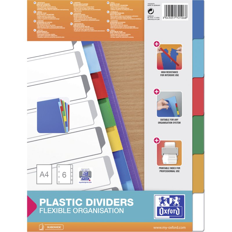 Intercalaire A4 polypropylène coloré Oxford 6 onglets neutres multicolores - 1 jeu