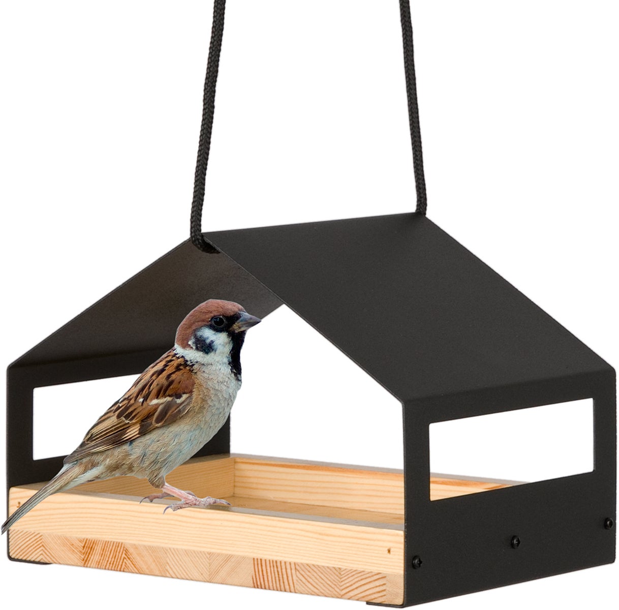 WONDERMAKE - Design vogelhuisje van metaal en hout, weerbestendig, om op te hangen, moderne kleine voederhuisje met metalen dak, vogelhuisje als voederstation voor vogels, zwart