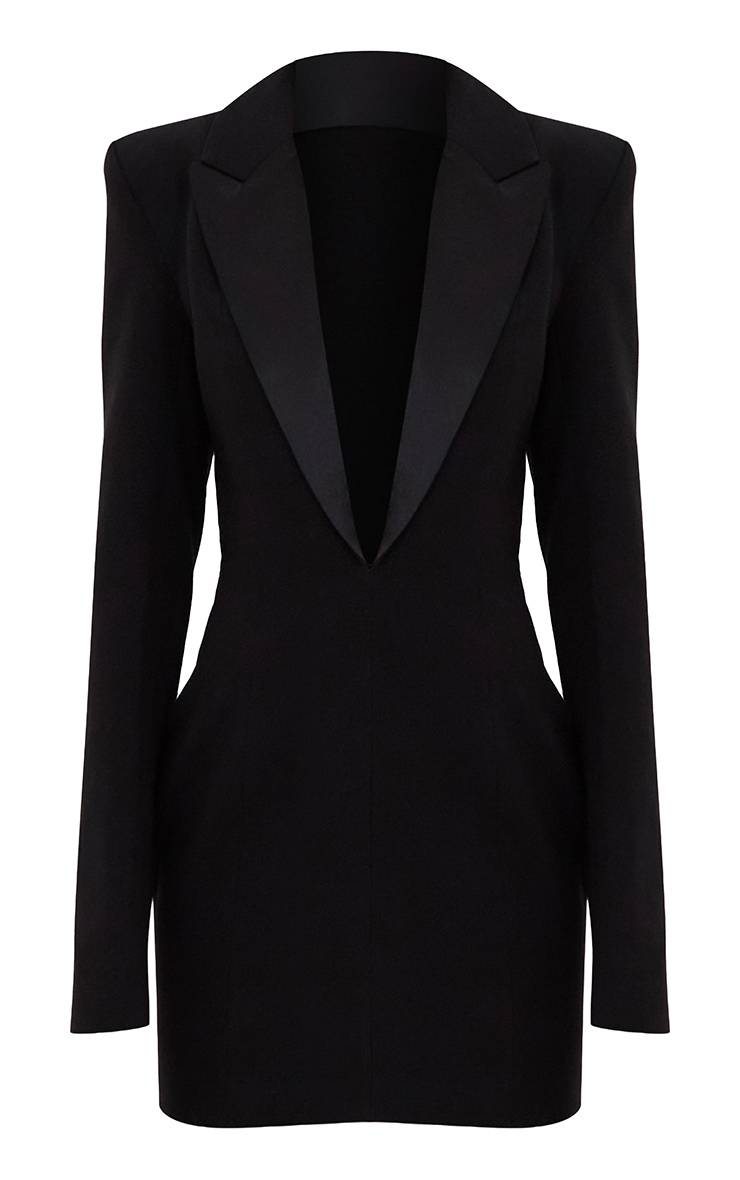 Noir Robe Blazer Cintrée À Revers En Satin