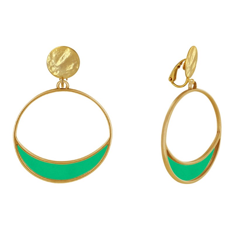 Boucles d'Oreilles Clip Métal Doré Cercle et Croissant de Lune Translucide Coloré