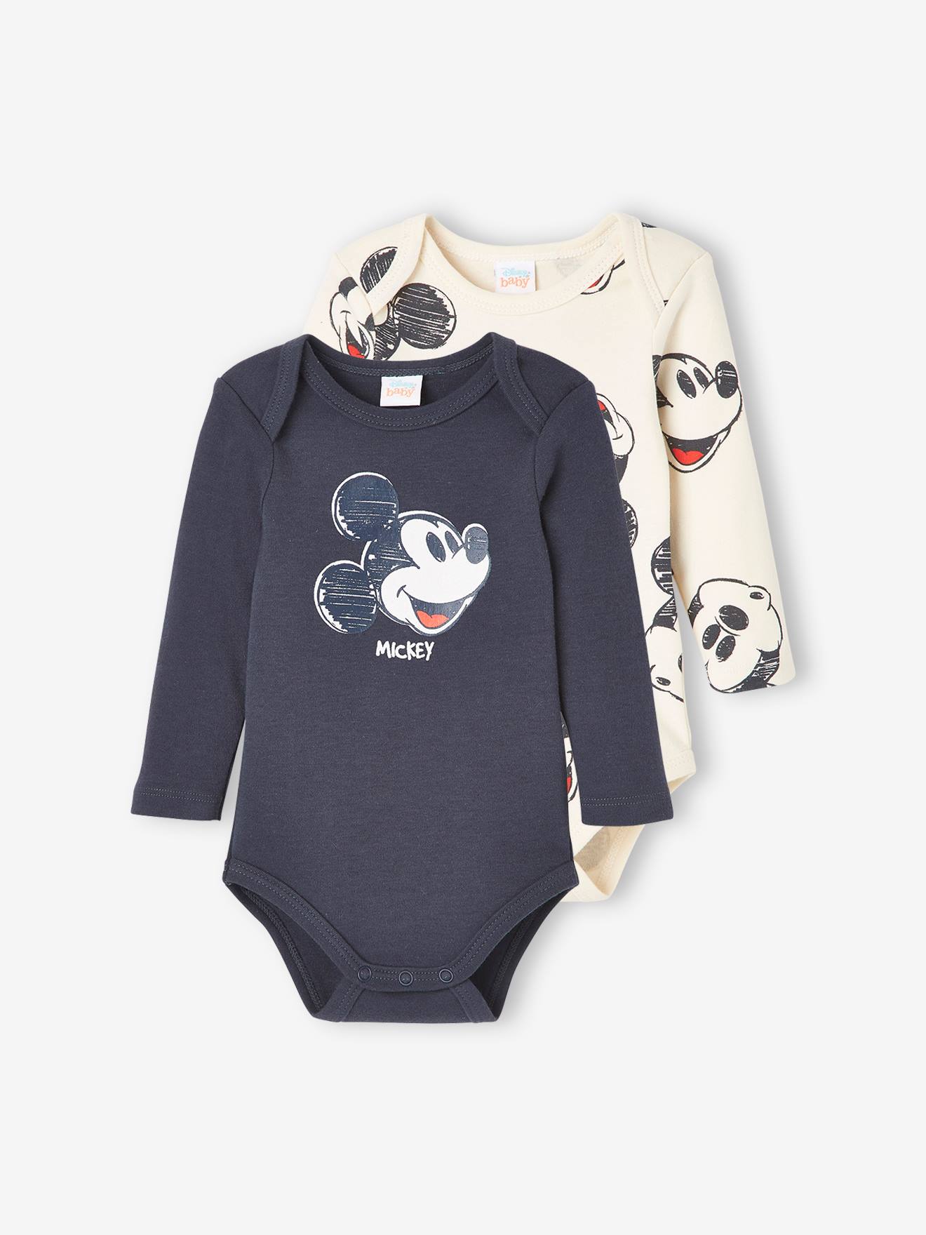 Pacote com 2 bodies DS® Mickey para bebês, lisos na cor cinza escuro com estampas.