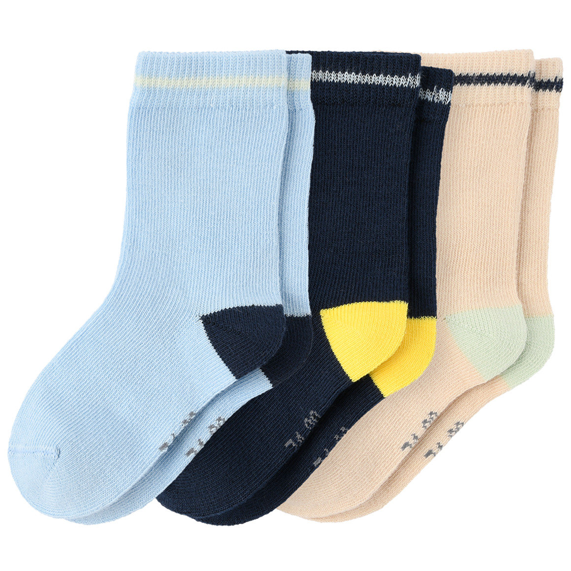 Topomini 3 Paar Baby Socken mit farbiger Ferse hellblau / dunkelblau / beige