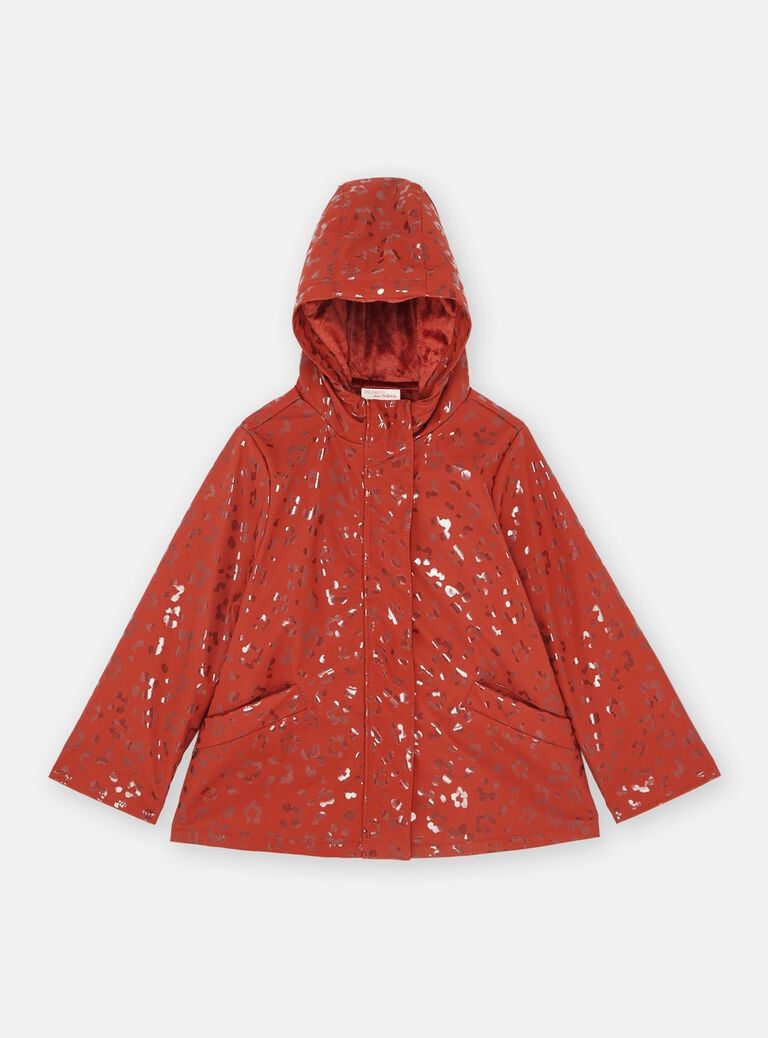 Imperméable à capuche rouge brique à imprimé panthère brillant