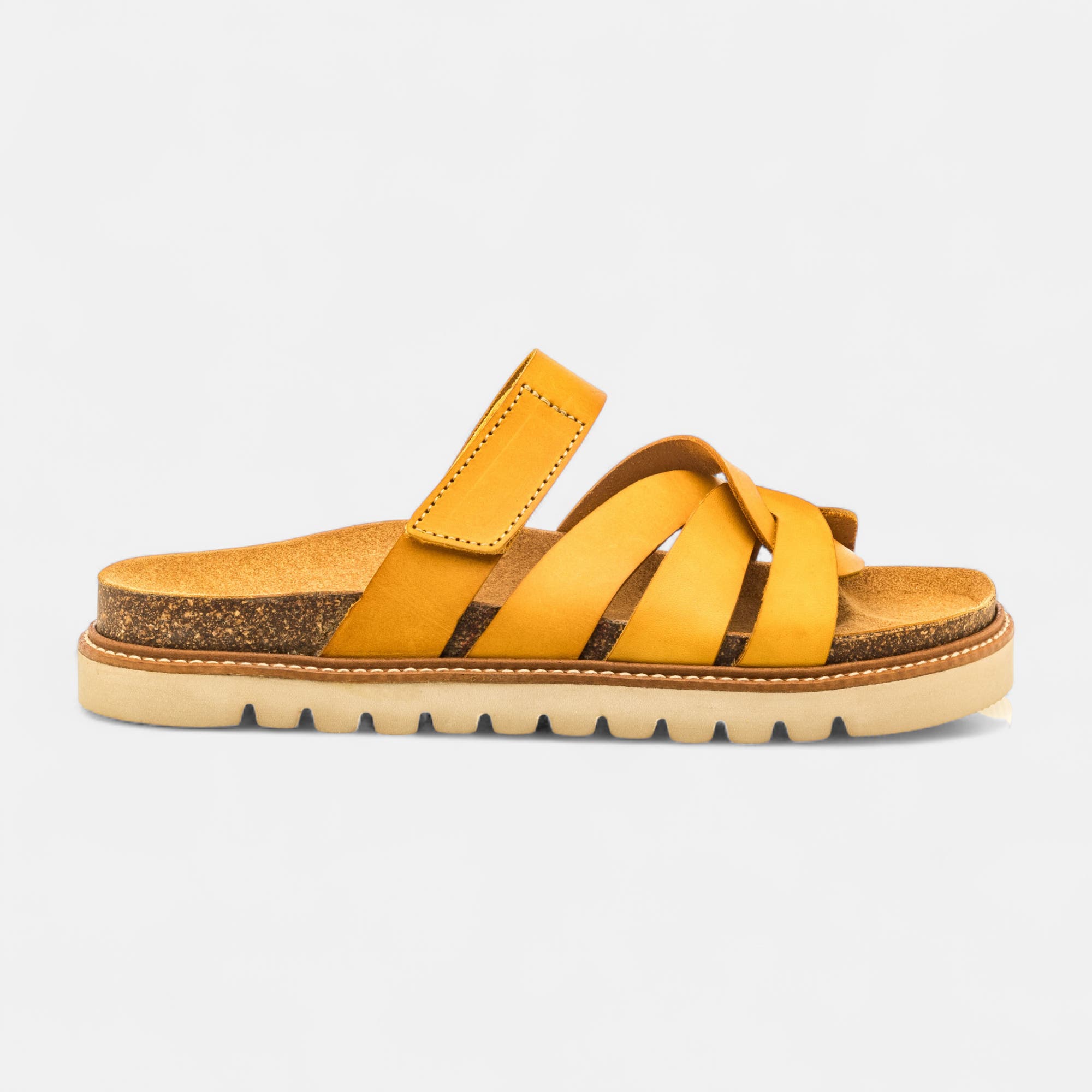Mules semelle liège Femme en cuir jaune