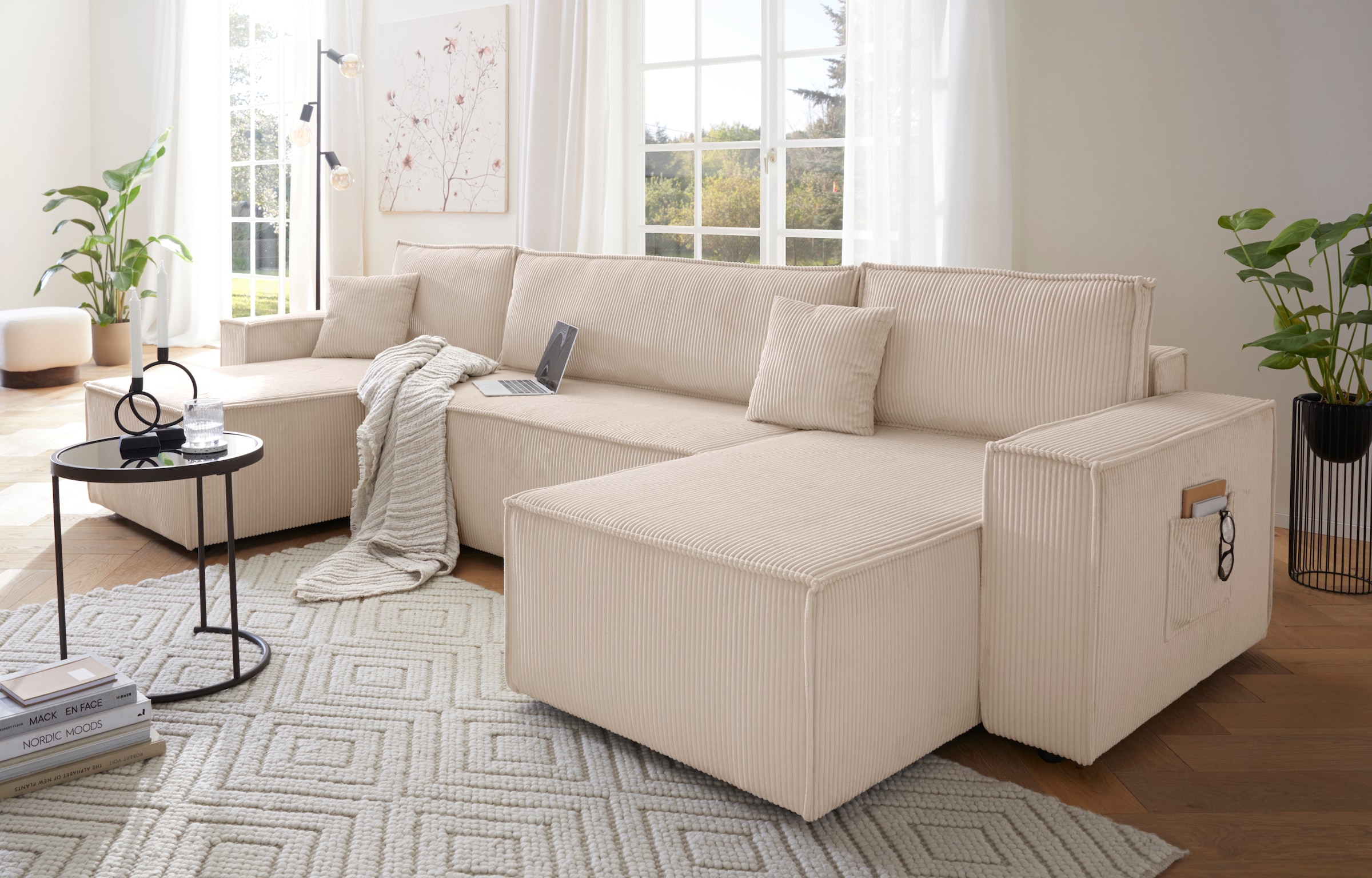 GOODproduct Wohnlandschaft »CASSI, 311 cm, U-Form, Schlafsofa, Bettkasten, Boxspringfederung, Cord« Schlaffunktion (133/270cm), Bettkasten, Seitentaschen, Cord-Bezug