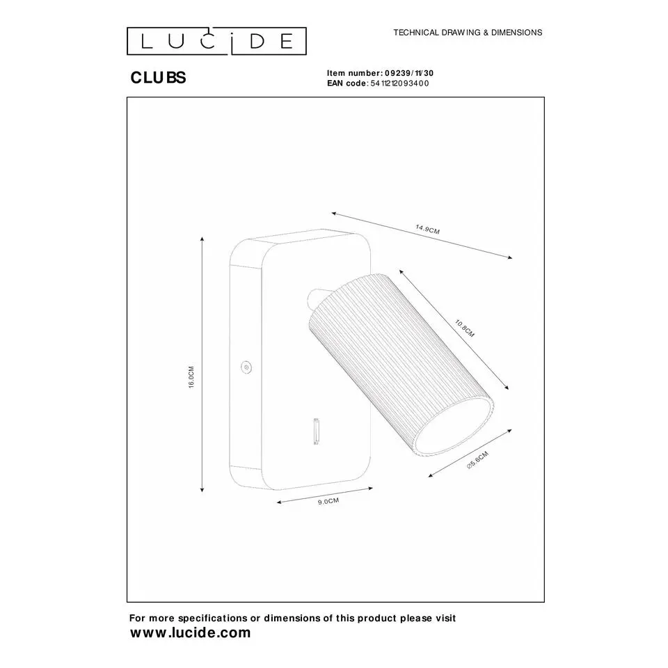 Lucide CLUBS Bedlamp - Zwart