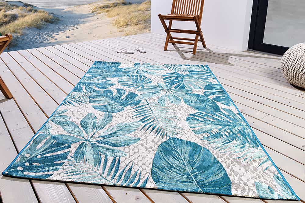 In- und Outdoor Teppich LEAF 175x120cm türkis weiß Blätter-Design Läufer wetterfest