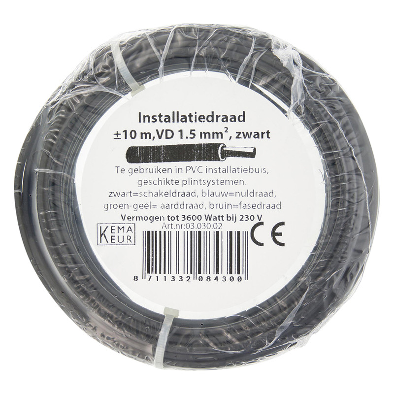 Installatiedraad VD H07V-U 10m 1,5mm² zwart