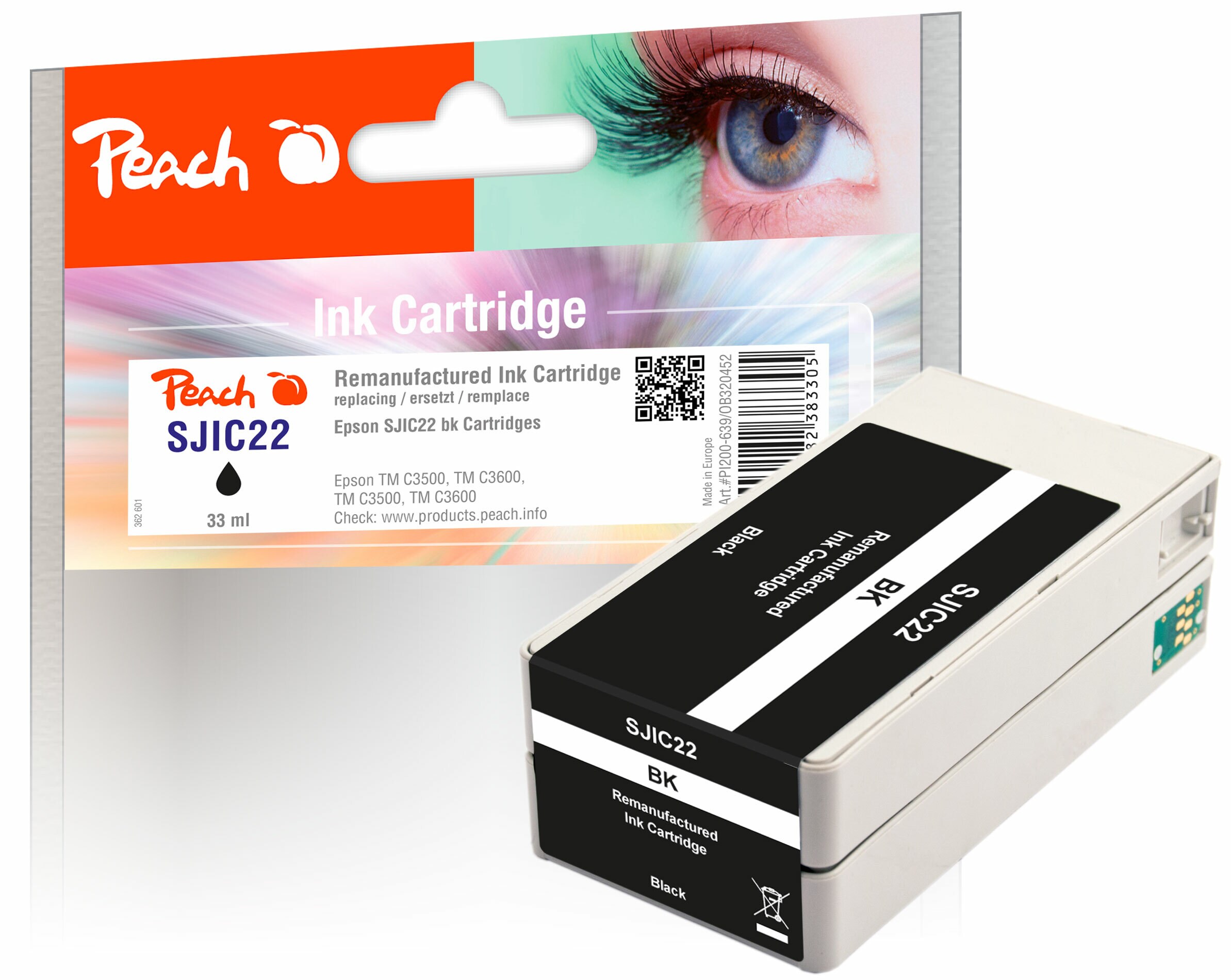 Peach ESJIC22Druckerpatrone bk ersetzt Epson SJIC22BK, C33S020601 für z.B. Epson TMC 3500, Epson ColorWorks C 3500 (wiederaufbereitet)