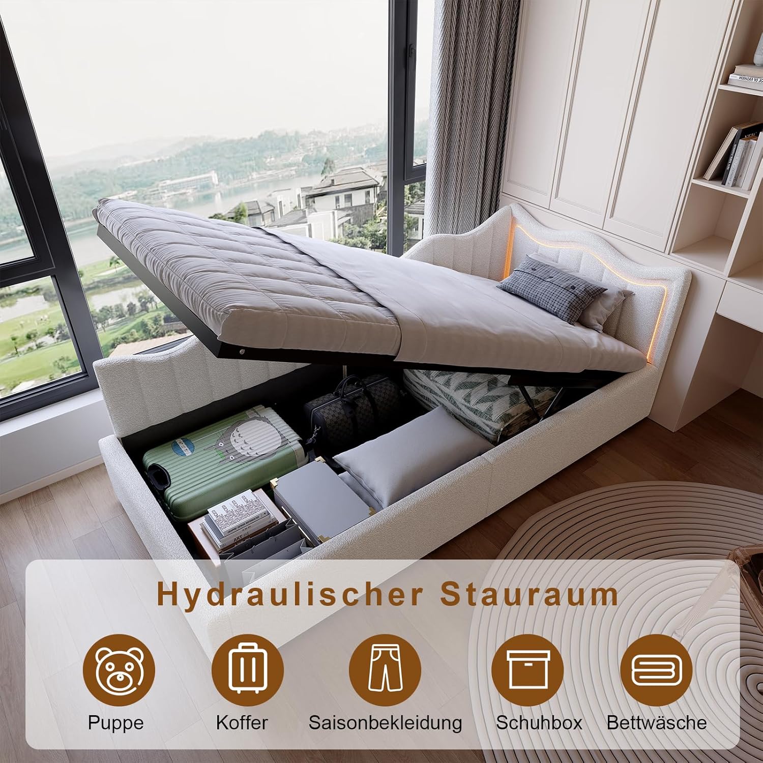 Polsterbett Kinderbett 90x200 mit LED-Beleuchtung,Jugendbett 90x200 mit Hydraulischer Stauraum, Schlafsofa Einzelbett Daybett Tagesbett Gästebett Bettgestell mit Lattenrost,Ohne Matratze