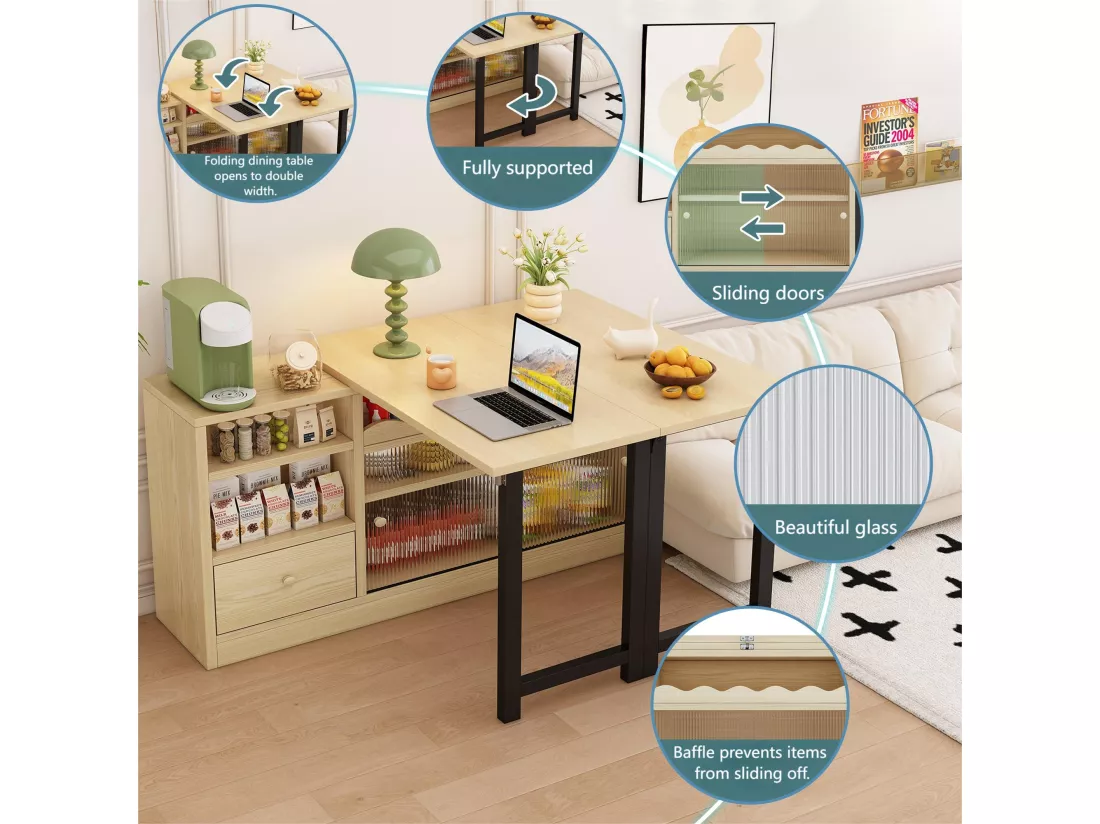 Meuble de bar、Buffet avec table pliante escamotable - grand espace de rangement - Naturel & Noir