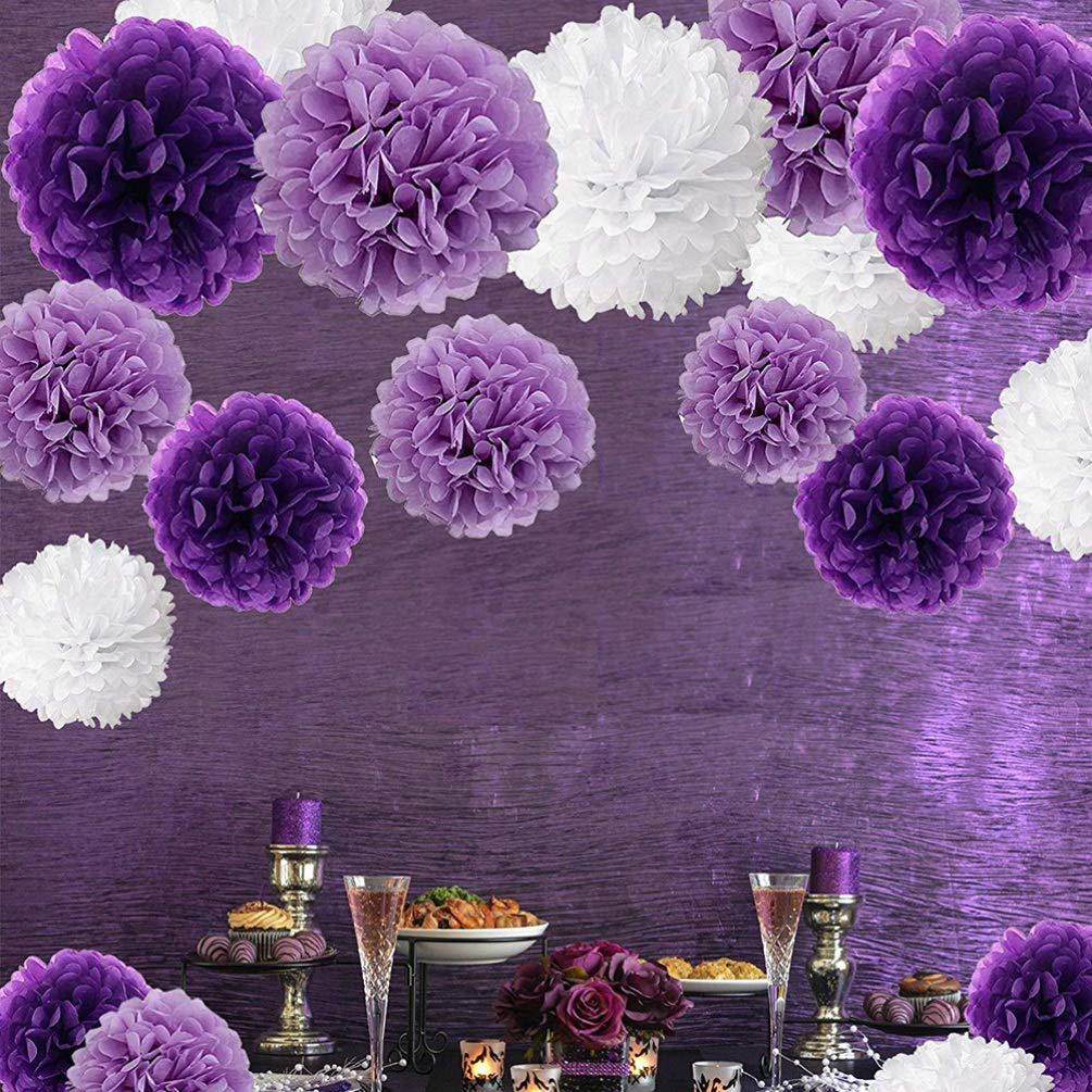 (18er Set) Papier Pompon's Deko Party / Geburtstag / Hochzeit - Violett / Lila / Weiss