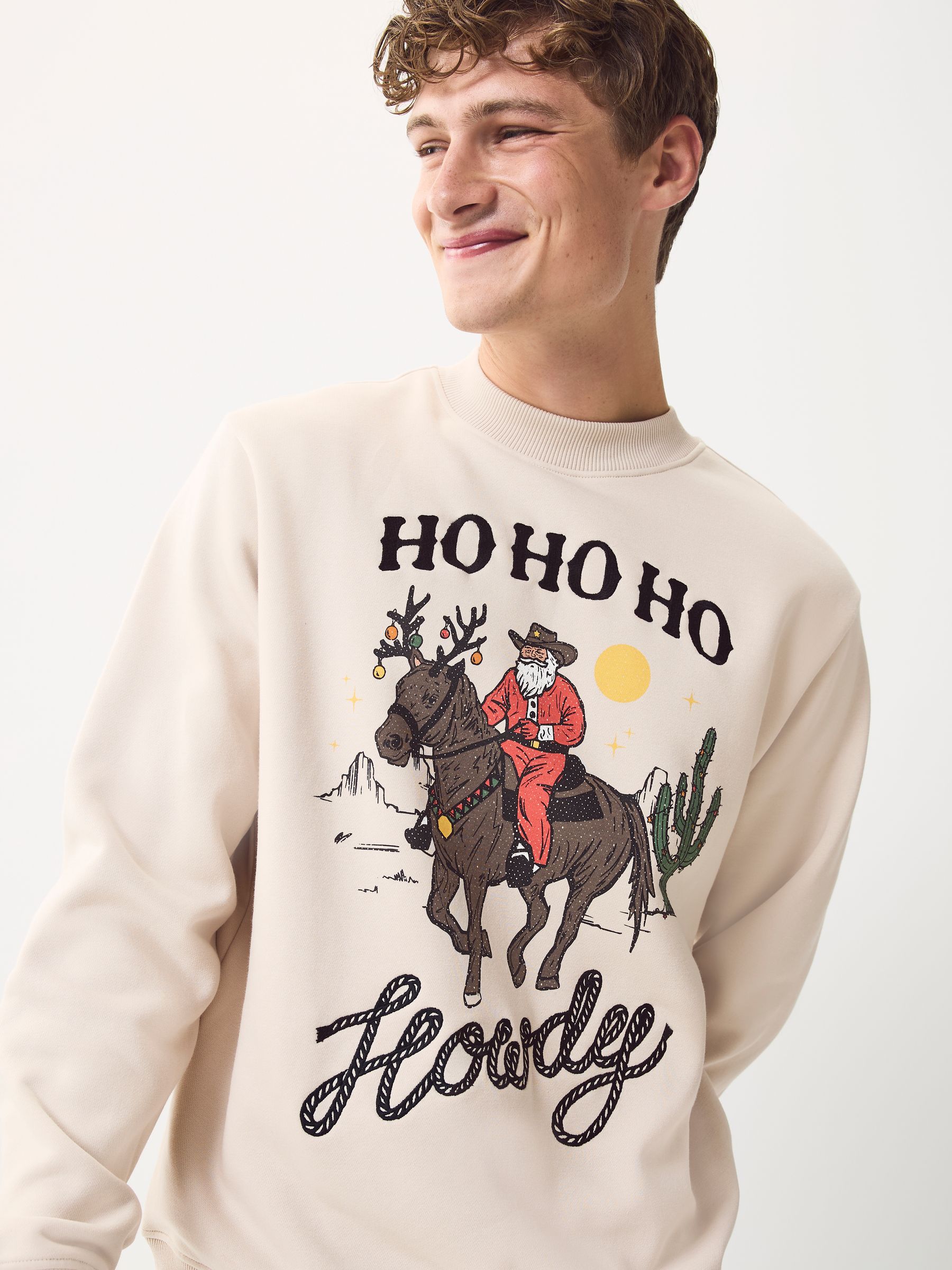 Ecru-wit western grafisch ontwerp - Kersttrui met patroon en ronde hals