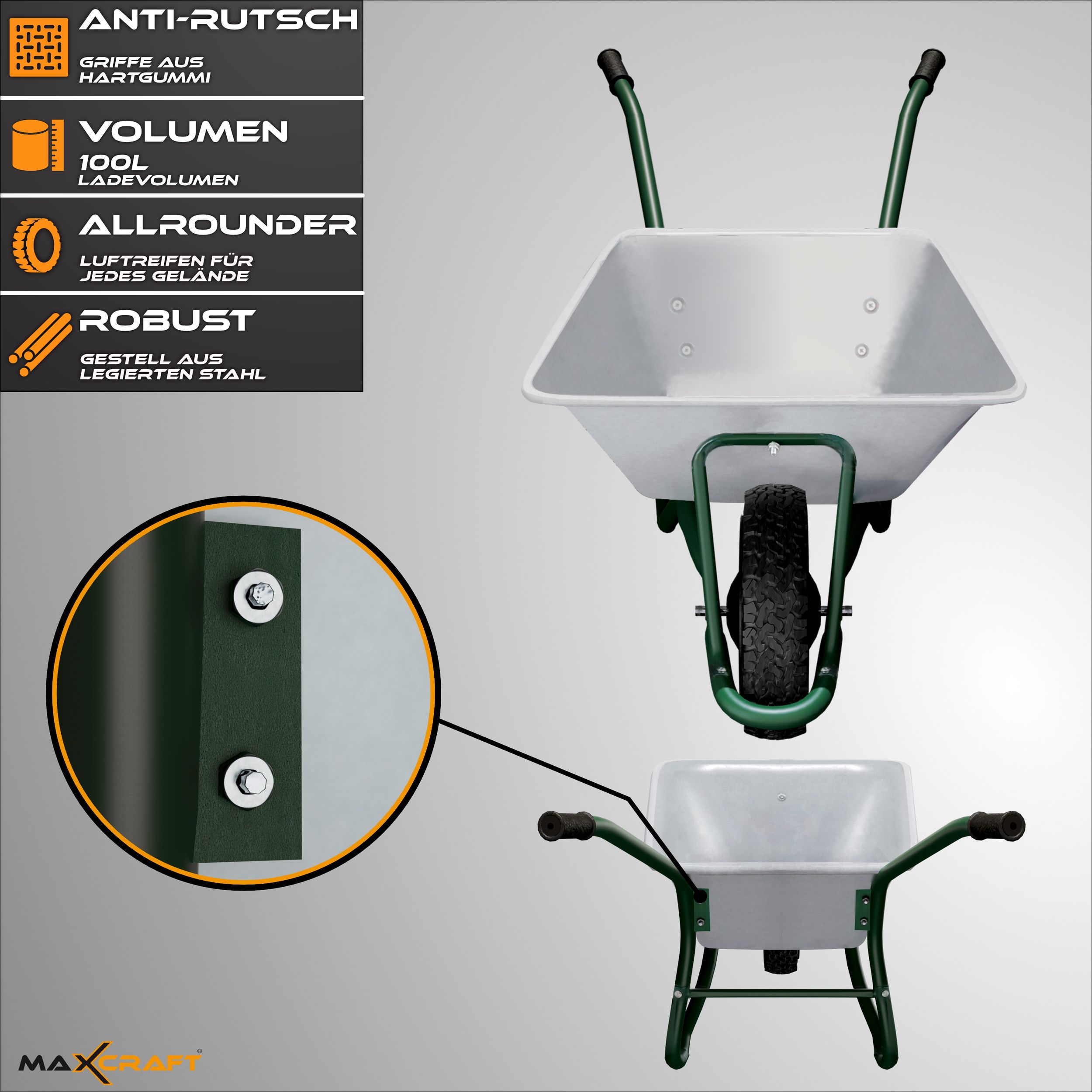 MAXCRAFT Schubkarre / Bauschubkarre Luftbereifung 250 kg 100 L - Grün