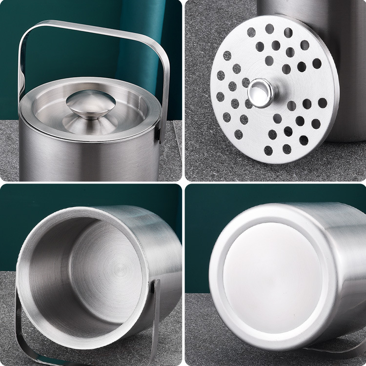 (3-tlg. Set) 1.3L Edelstahl Eiswürfel Behälter mit Deckel Eiskübel Getränke Kühler inkl. Zange   Wassersieb - Silber