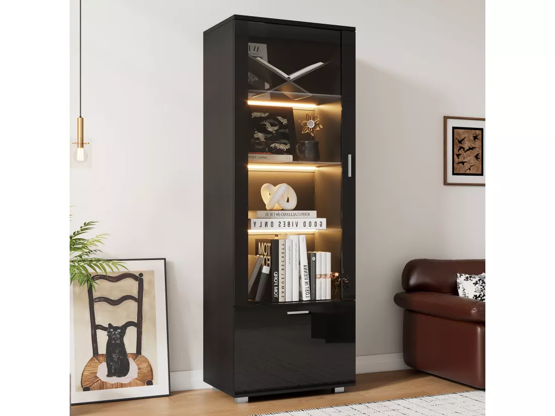 Vitrine avec 1 porte et 1 tiroir - 50 x 40 x 160 cm - LEDs - Étagère en verre - Panneaux de particules - Noire brillant