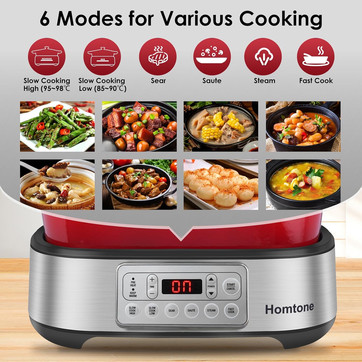 Homtone Slow Cooker Schongarer 6-in-1, 5,5L Multikocher Programmierbarer Abnehmbarer Emaille-Schmortopf, Keramik-Antihaftbeschichtung, Langsames Garen, Anbraten, Dämpfen mit Dampfgarrost, Rot