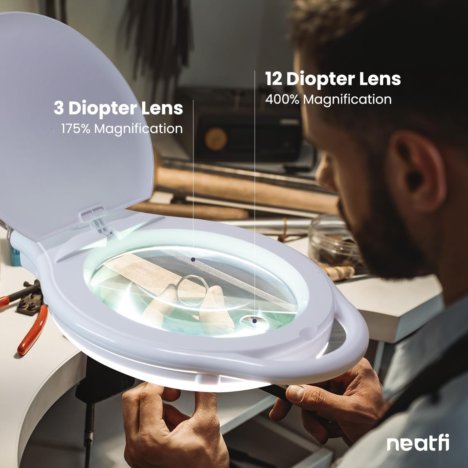 Neatfi Elite XL HD Super LED-Lupenleuchte, 3 Dioptrien mit 12 Dioptrien, dimmbar, 3 Lichtmodi (3000K/4000K/6500K), blendfrei, Verstellbarer Arm (Weiß, 18 cm Glaslinse)