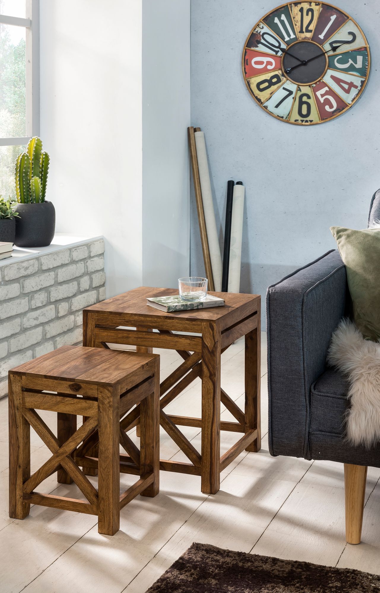 FineBuy Sheesham Massivholz Beistelltische 2er Set Satztisch 40 x 50 x 40 cm