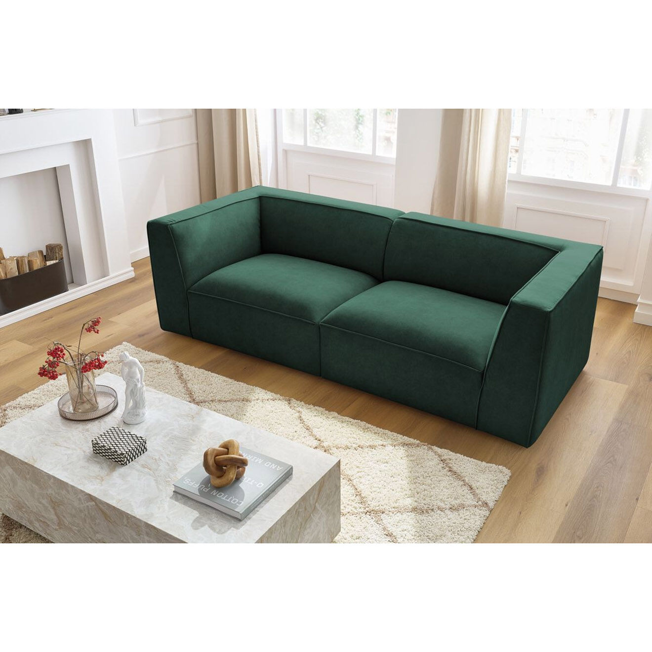 Bobochic Canapé droit fixe 3 places en Velours Molière vert - 233x99x71 cm