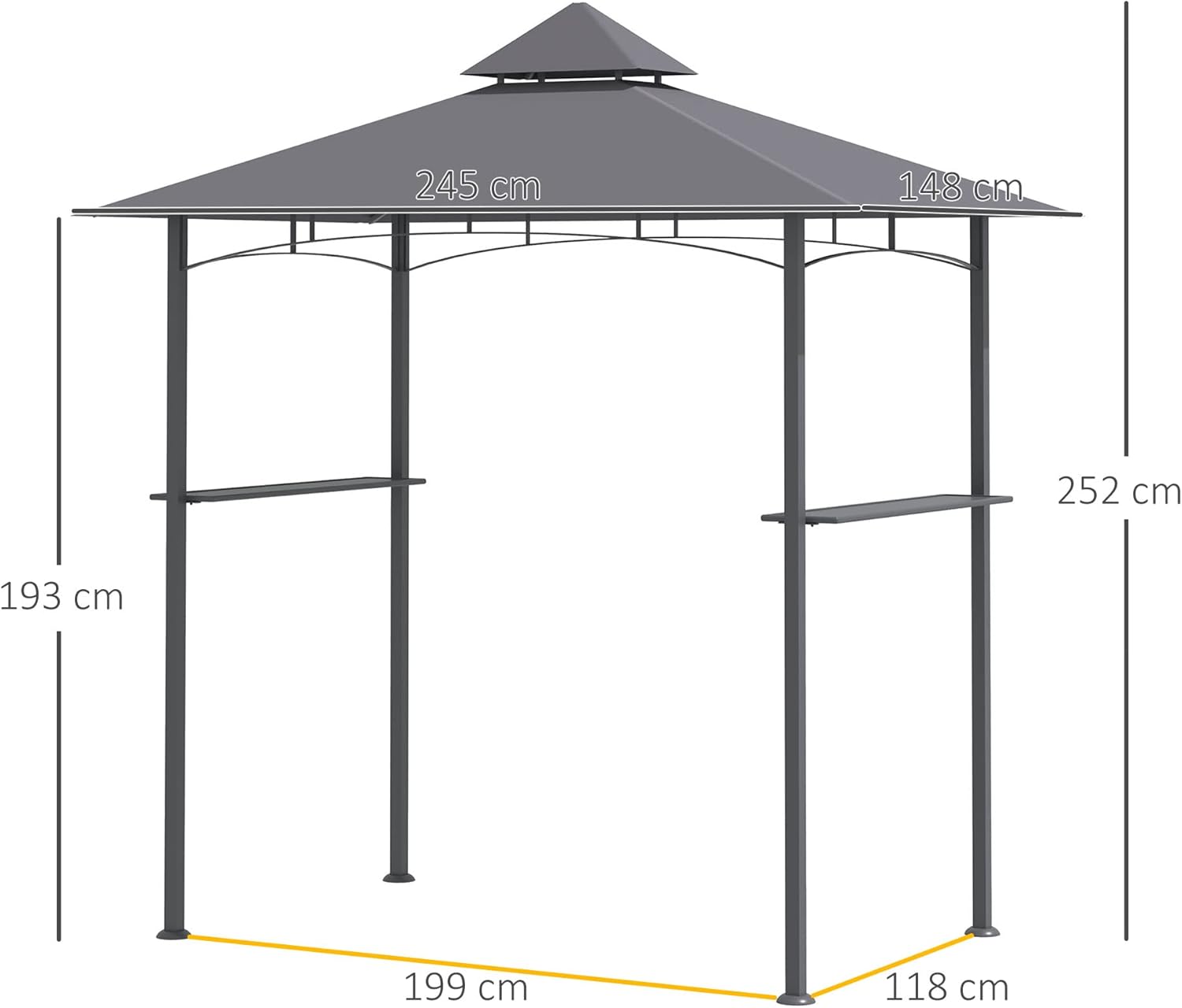 Outsunny Grillpavillon Gartenzelt Grill Pavillon Balkonpavillon mit Ablagen Flammhemmendes Doppeldach Grau 245 x 148 x 252 cm