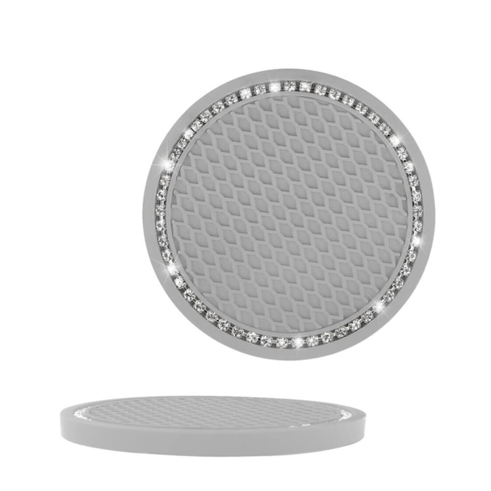 (4er Set) Ø7cm Auto Anti-Rutsch Glitzer Getränke Untersetzer Strassstein Accessoire - Grau / Silber