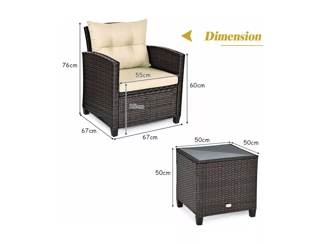 Salon de Jardin en Rotin et fibre naturelle - 3 Pièces - Charge 180KG - 2 Fauteuils et Table Basse avec Plateau en Verre Trempé – Marron