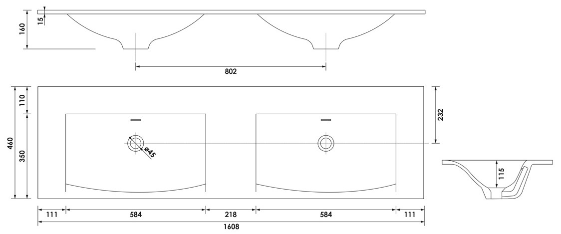 Brauer Glacier dubbele wastafel fine stone 160cm zonder kraangaten wit glans