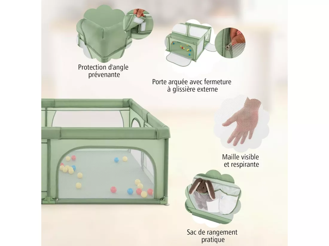 Parc pour Bébé avec 50 Balles Océaniques, Clôture pour Tout-Petits avec Maille Respirante, Centre d'Activités avec Base Antidérapante et Grande Porte à Fermeture Eclair, 206×147×68,5CM (Vert)