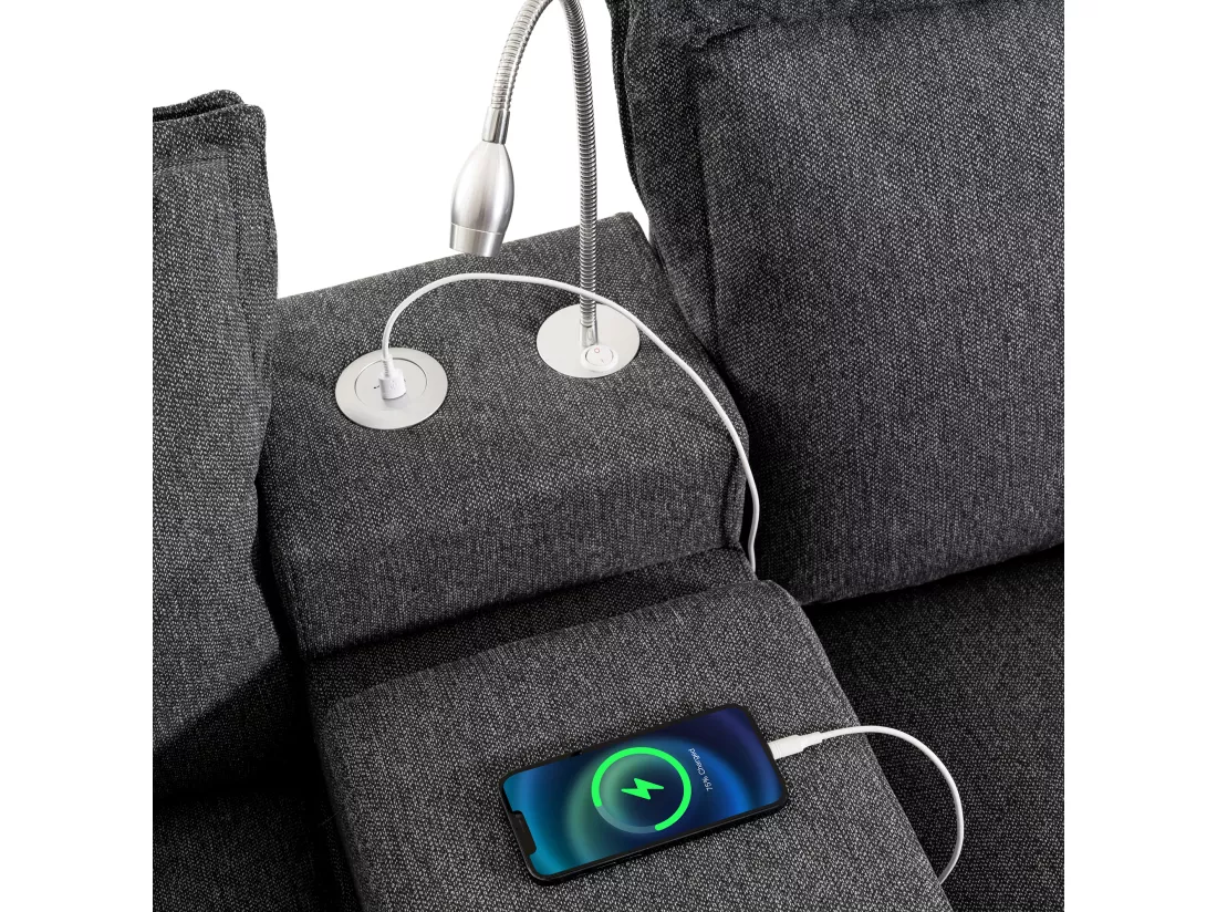 Canapé 3 places en chenille - avec USB et liseuse - avec porte-gobelet et avec repose-pieds - Gris