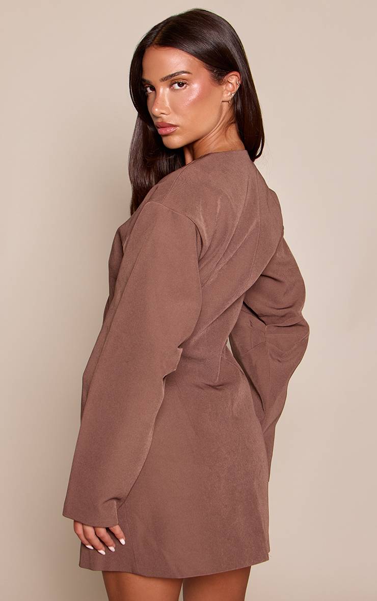 Marron Robe Blazer Tissée À Manches Ballon