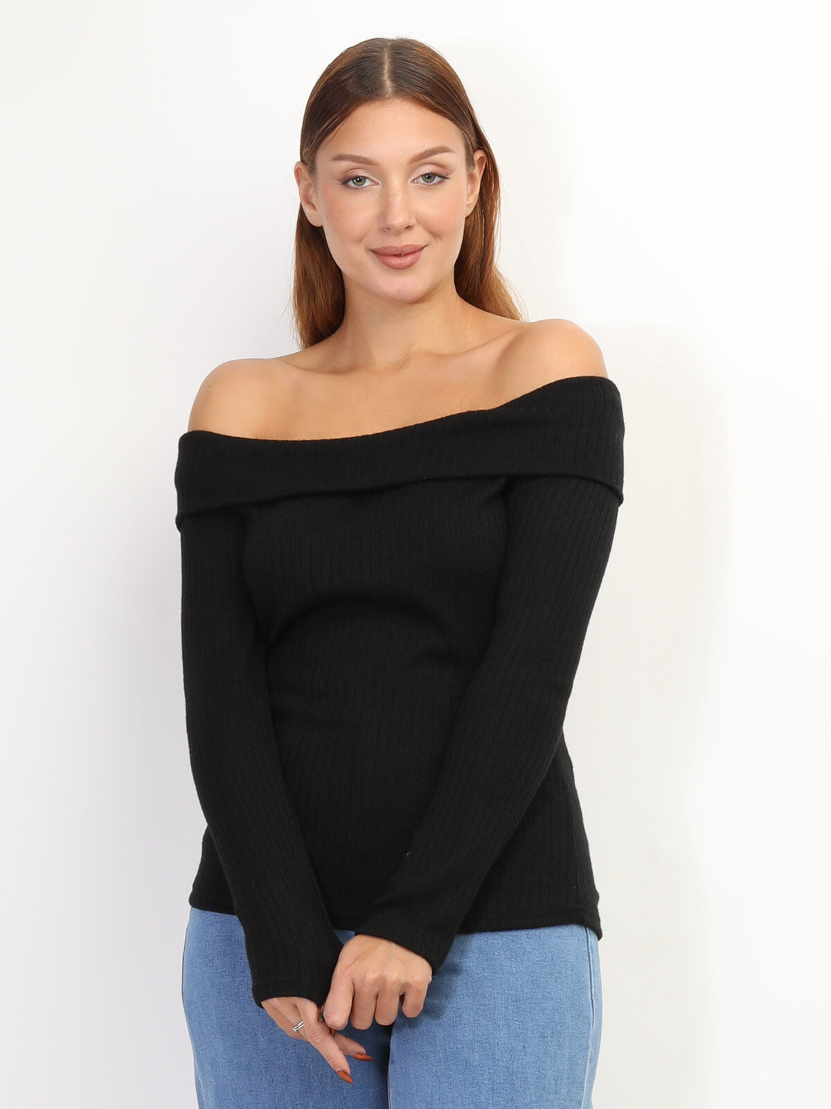 Pull bardot en maille côtelée- Noir