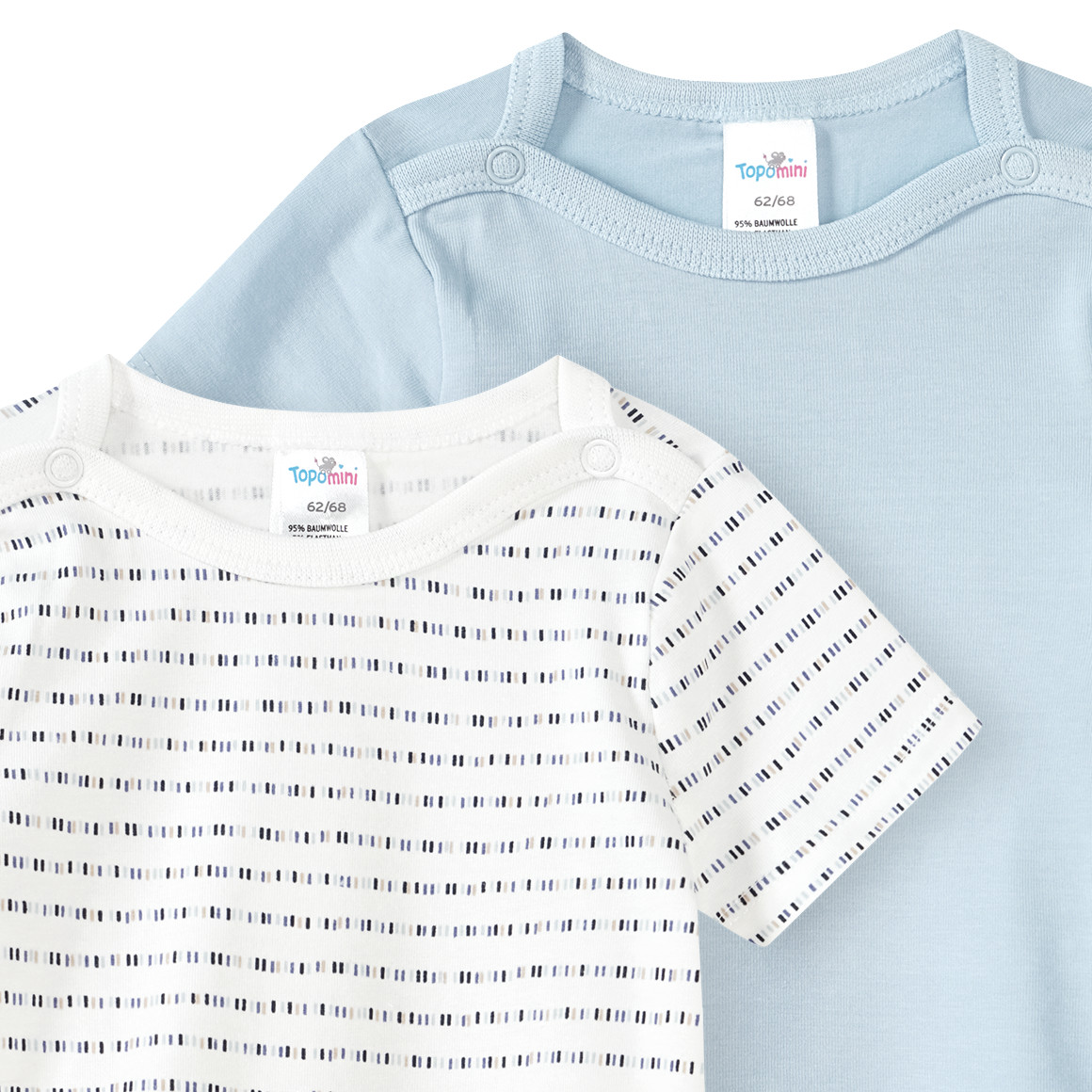Topomini 2 Baby Bodys in verschiedenen Dessins hellblau / weiss