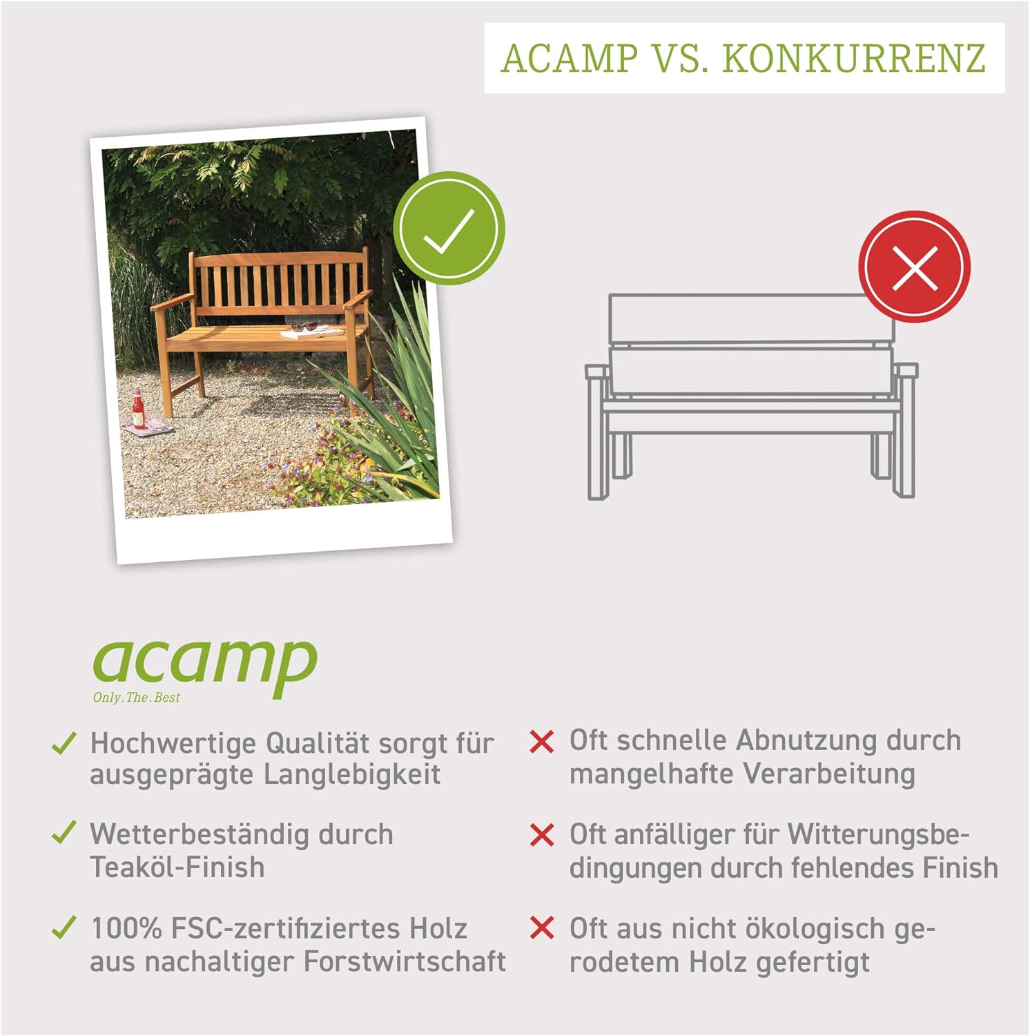 Acamp Gartenbank Woody | 110x56x86 cm | hochwertiges Akazienholz | FSC®-zertifiziert | Schutz vor Witterungseinflüssen dank Teaköl Finish | Premiumqualität, erstklassige Verarbeitung | hohe Stabilität
