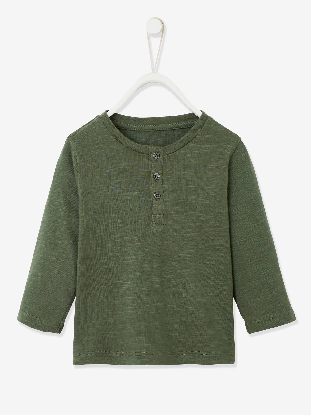 Camiseta personalizável para bebê menino, com gola tunisiana e mangas compridas, lisa, bege claro.