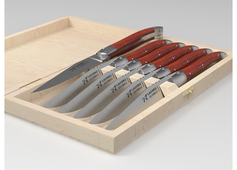 Service de 6 couteaux Laguiole avec un manche en bois de corail et mitres en acier inoxydable