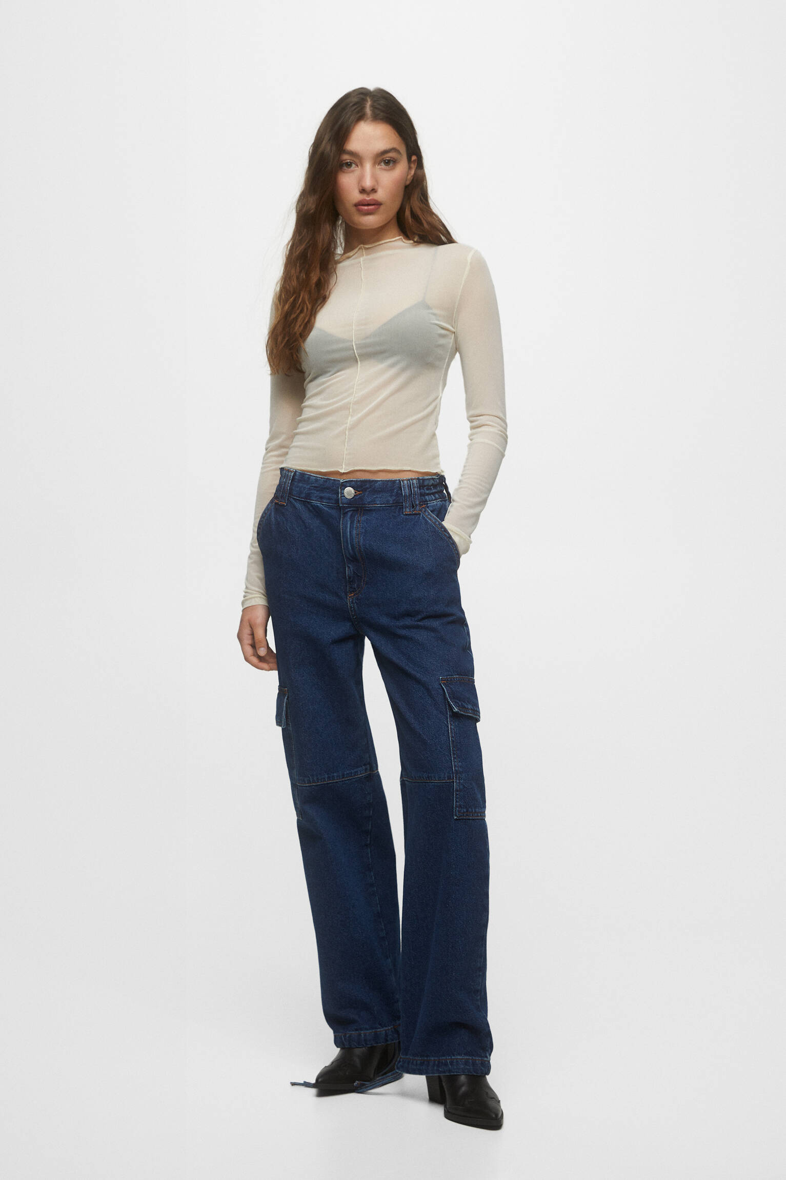 CALÇA CARGO DE CINTURA MÉDIA - AZUL ESCURO