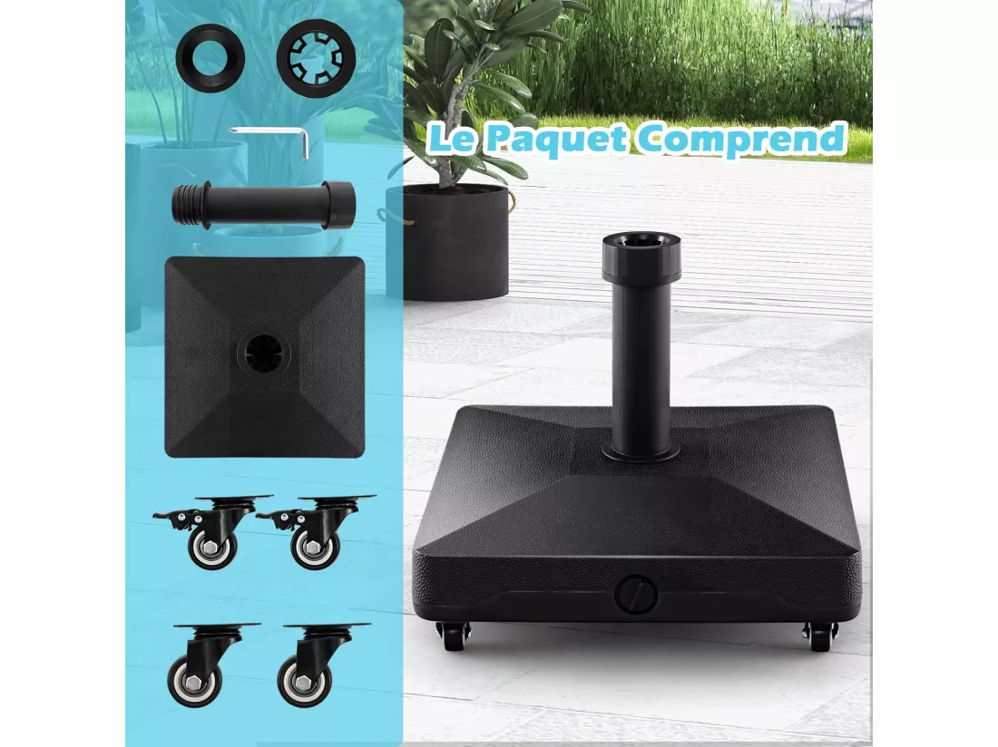 Pied de Parasol Carré, Base de Lestage en HDPE avec 4 Roues Universelles Verrouillables, Support de Parasol Robuste, Charge 16 KG d'eau ou 24,5 KG de Sable, 45 x 44 x 40 cm (L x l x H)