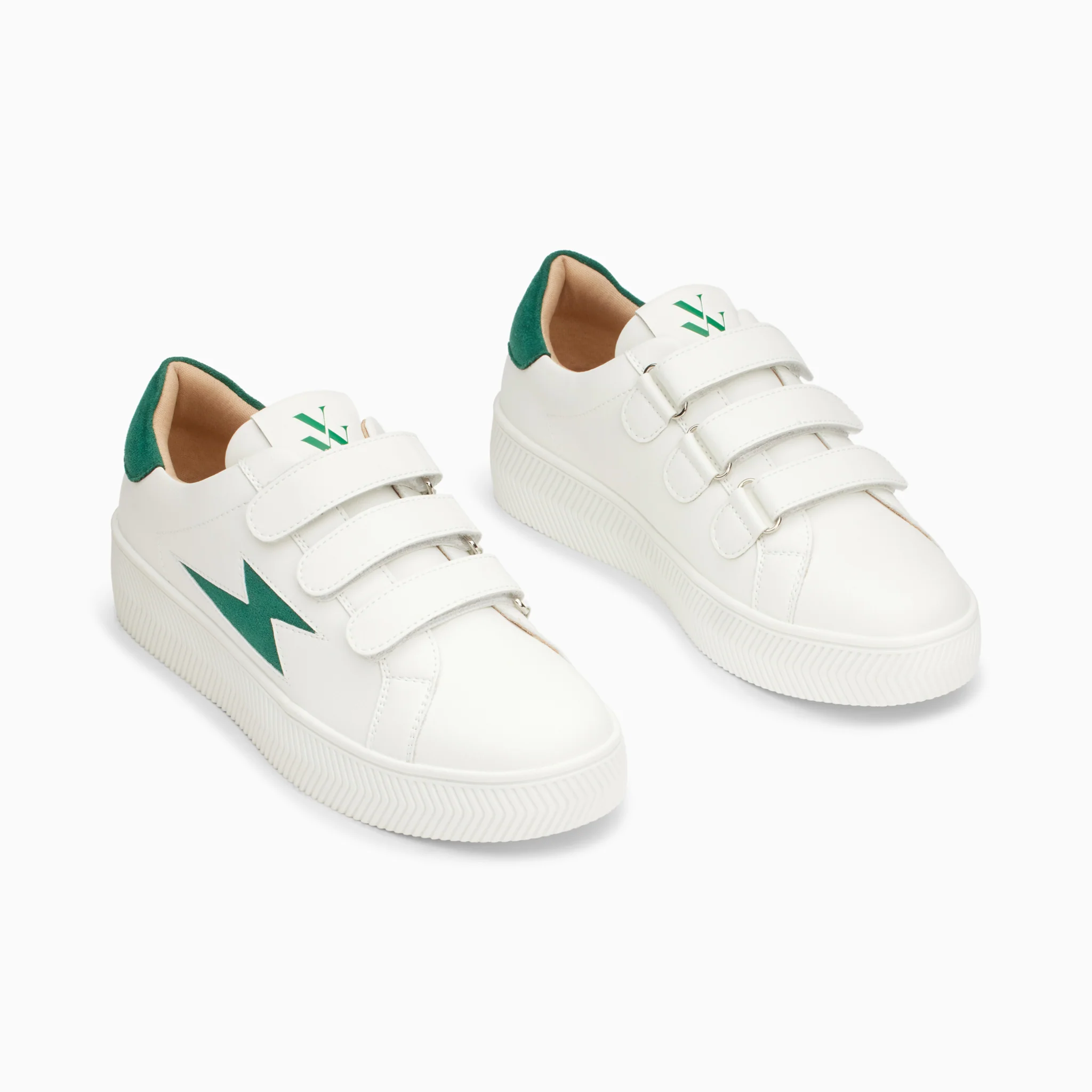 Sneakers-Baskets éclair Camelia blanc et vert sapin à scratchs