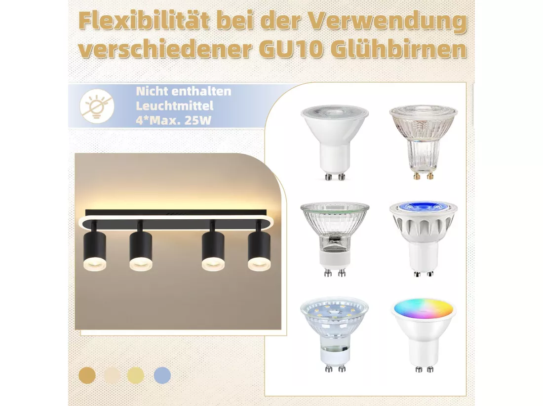 NETTLIFE 4 spot de plafond LED GU10 métal noir orientable 330° spot moderne blanc chaud pour chambre couloir salle à manger cuisine salon