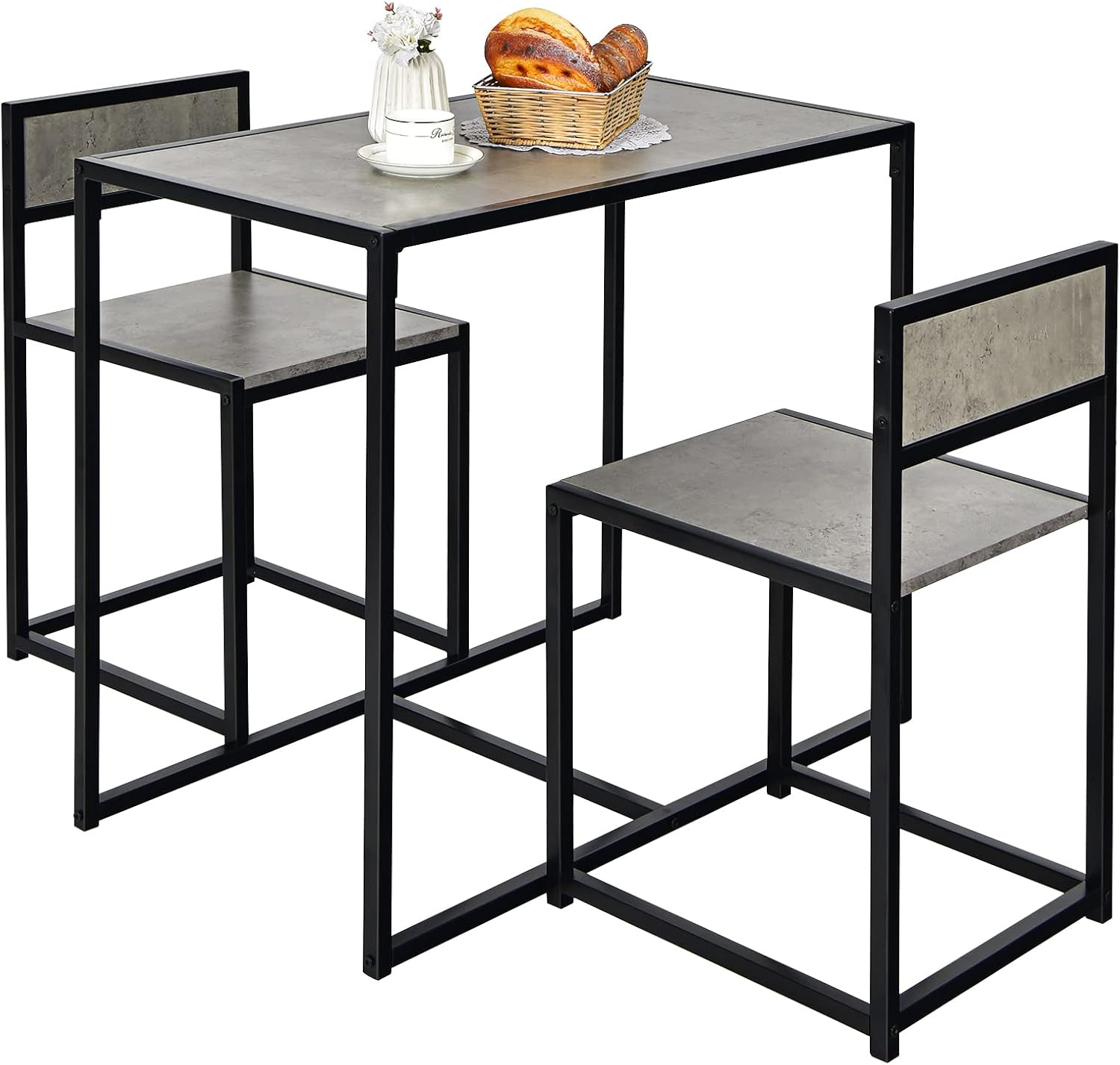 COSTWAY Bartisch Set 3-teilig, Esstisch mit 2 Stühlen, Kleine Essgruppe mit Metallgestell, Küchenbar Sitzgruppe, Küchentisch Stehtisch Holz, Bistrotisch für Küche, Esszimmer und Bistro (Grau)