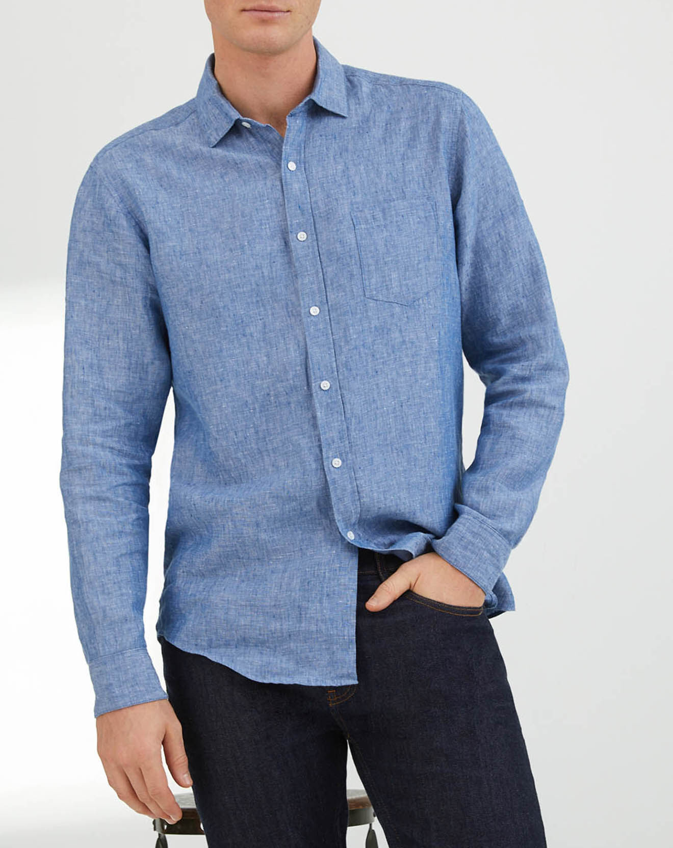 Cyrillus Chemise regular fit 100% Lin bleu denim