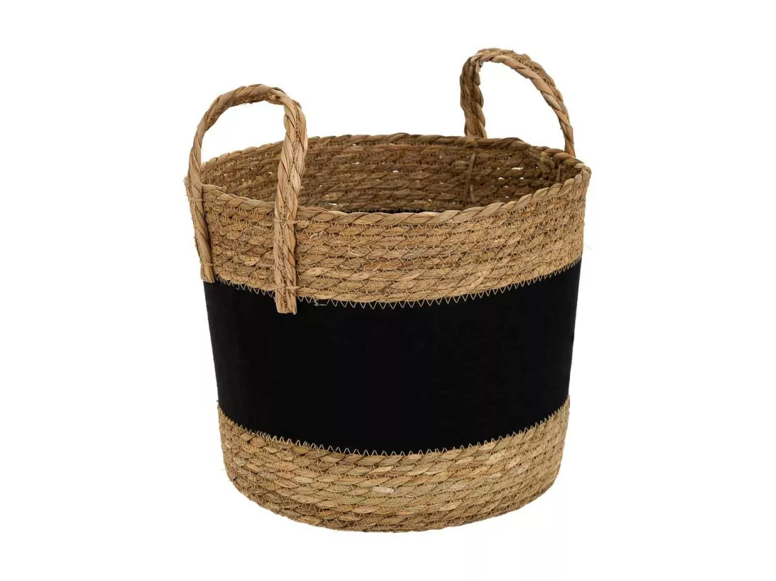 Panier en fibre naturelle et coton noir d31,5x25,5/33h