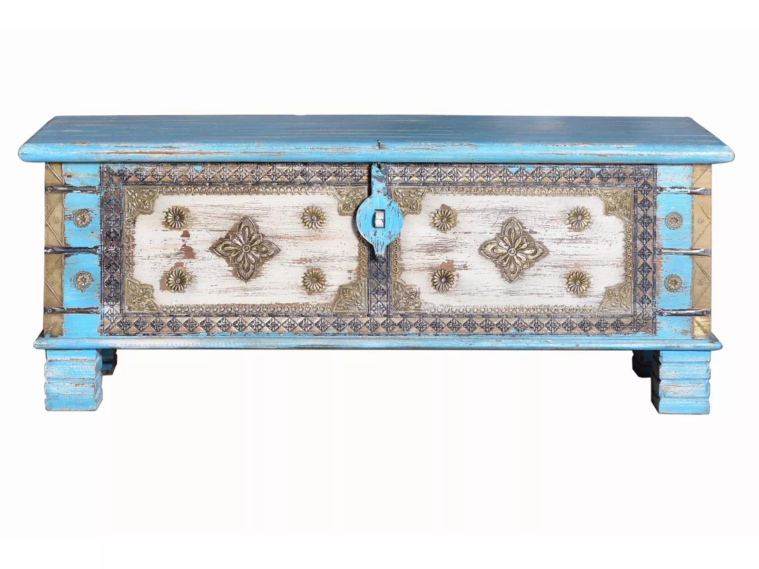 Coffre en bois de manguier bleu vieilli azul.Giner y Colomer.45x40x116