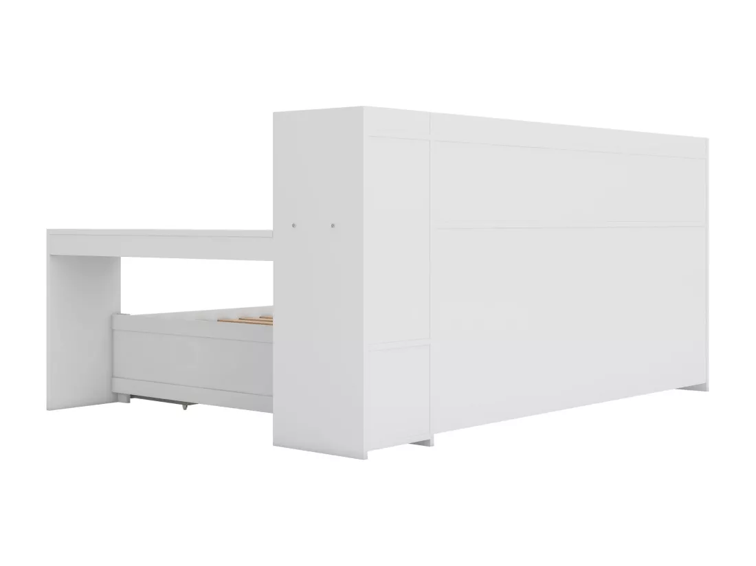 Lit banquette 90x200cm - bureau avec prise USB - 2 tiroirs & étagères - Blanc (matelas non inclus)