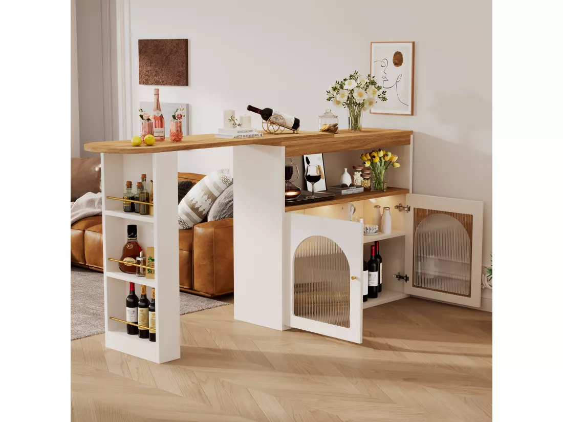 Meuble de bar pivotant - 2 portes, 3 étagères de rangement & niche - MDF plateau effet bois - LEDs - Naturel et blanc