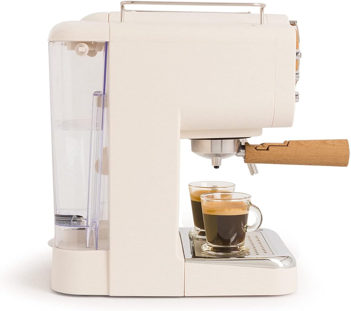 CREATE / THERA MATT RETRO/Espressomaschine Cremeweiß Matt und Holz/Halbautomatisch, mit einer 15 bar Druckpumpe und 1100W, 1,25L Wasserbehälter, für gemahlenen Kaffee, 55 mm. ESE- Pads